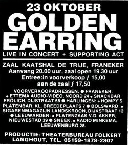 Golden Earring show announcement Franeker - Sporthal de Trije October 23, 1982